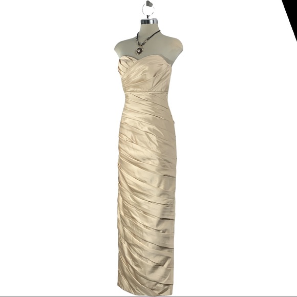 Andrew Adela Beige Sheath Ruffle Strapless Gown - Picture 13 of 16